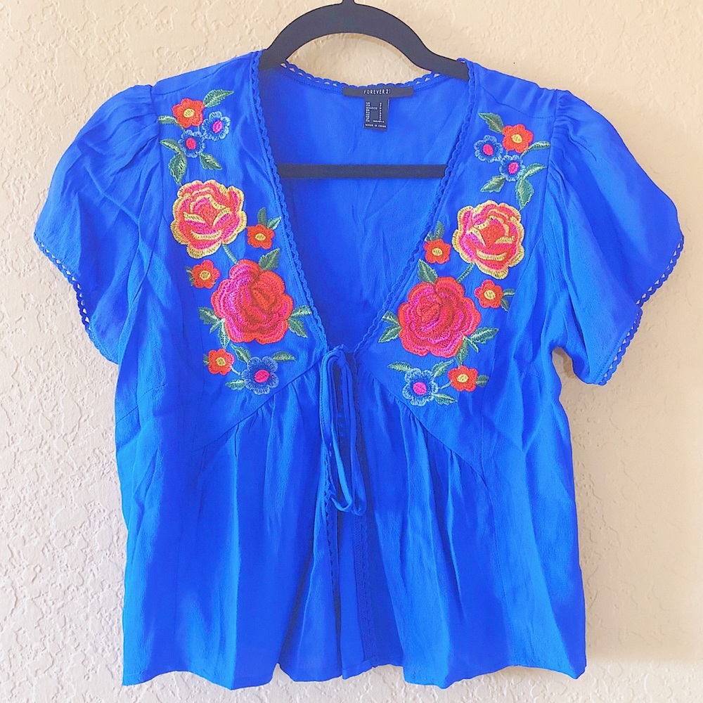 Tie-Front Embroidered Floral Women’s Blouse